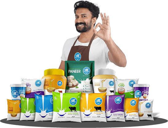 Srichakra Milk premium dairy packaging collage — milk packets, curd buckets, cow ghee jars, and fresh paneer packs